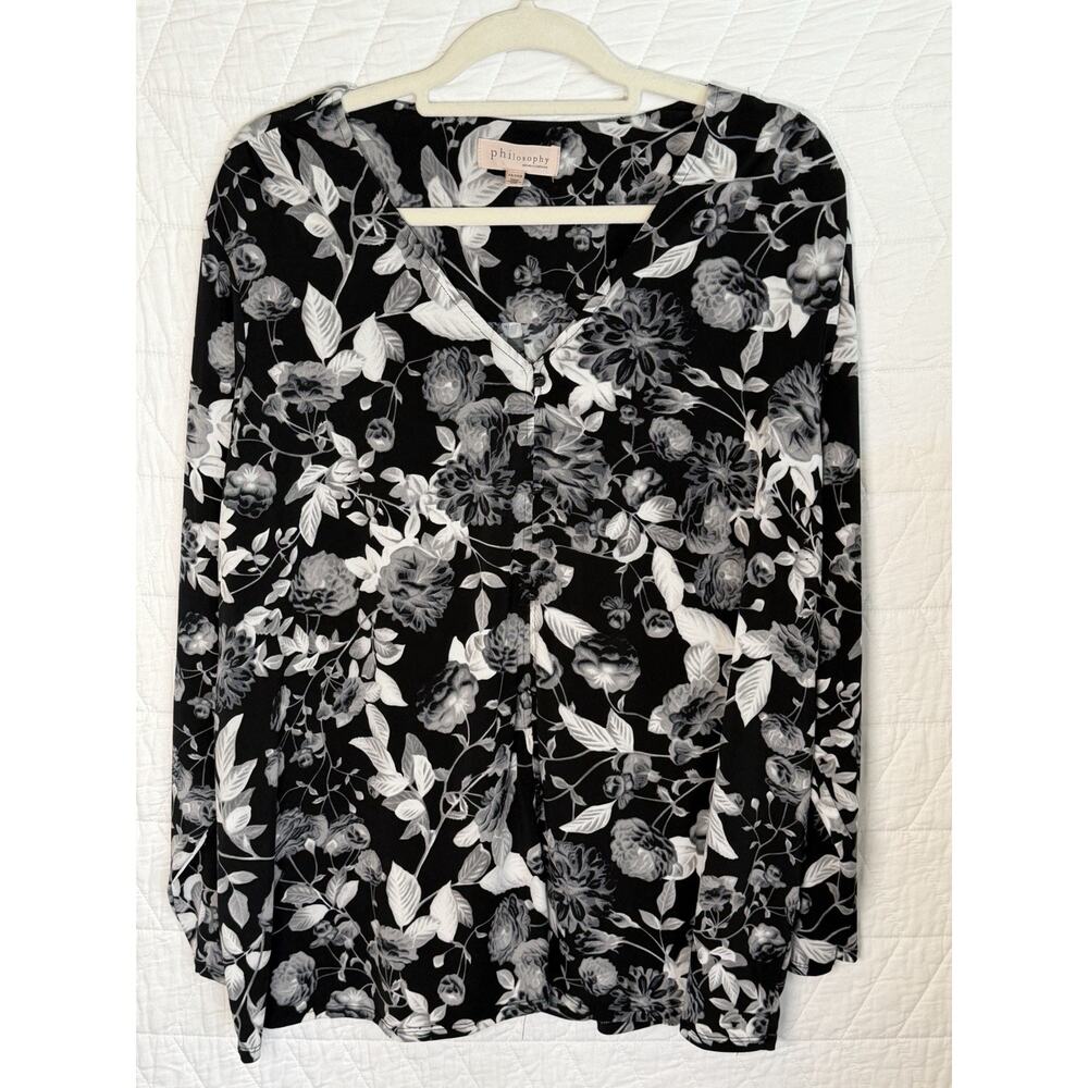 Philosophy blouse Top Gray black floral size 2X women long sleeve